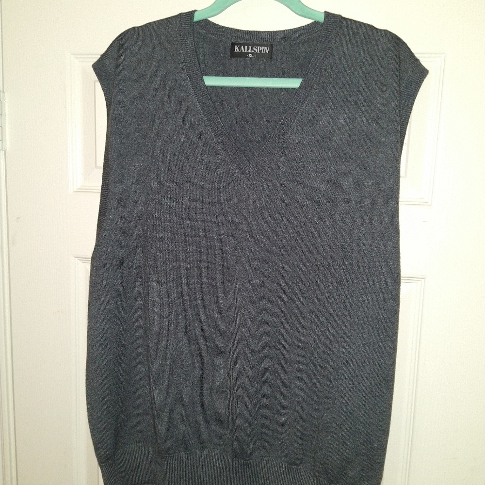 Kallspin Gray Sleeveless V Neck Wool Blend Knit Sweater Vest Men's sz XL.